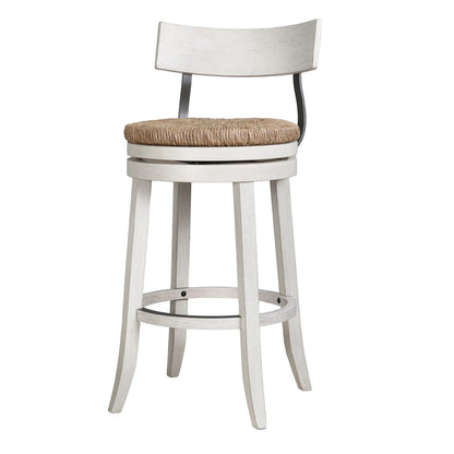 Reclaimed Wood Bar Stool with Seagrass Seat, White Finish for Bedroom