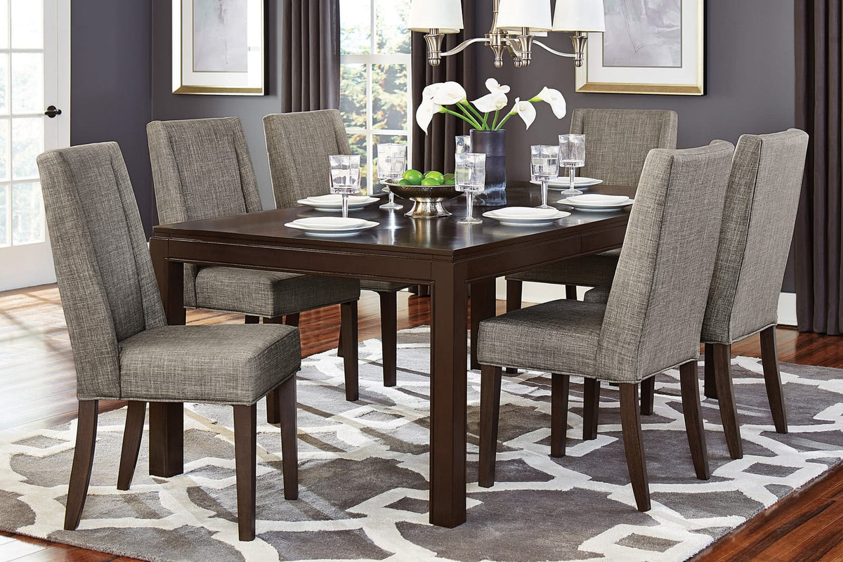 Contemporary Dark Brown 7pc Dining Set Table with Extension Leaf and 6x Upholstered