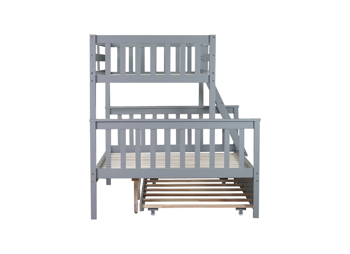 Twin Over Full Bunk Bed with Trundle - Grey Rubber Wood for Bedroom