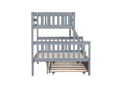 Twin Over Full Bunk Bed with Trundle - Grey Rubber Wood for Bedroom