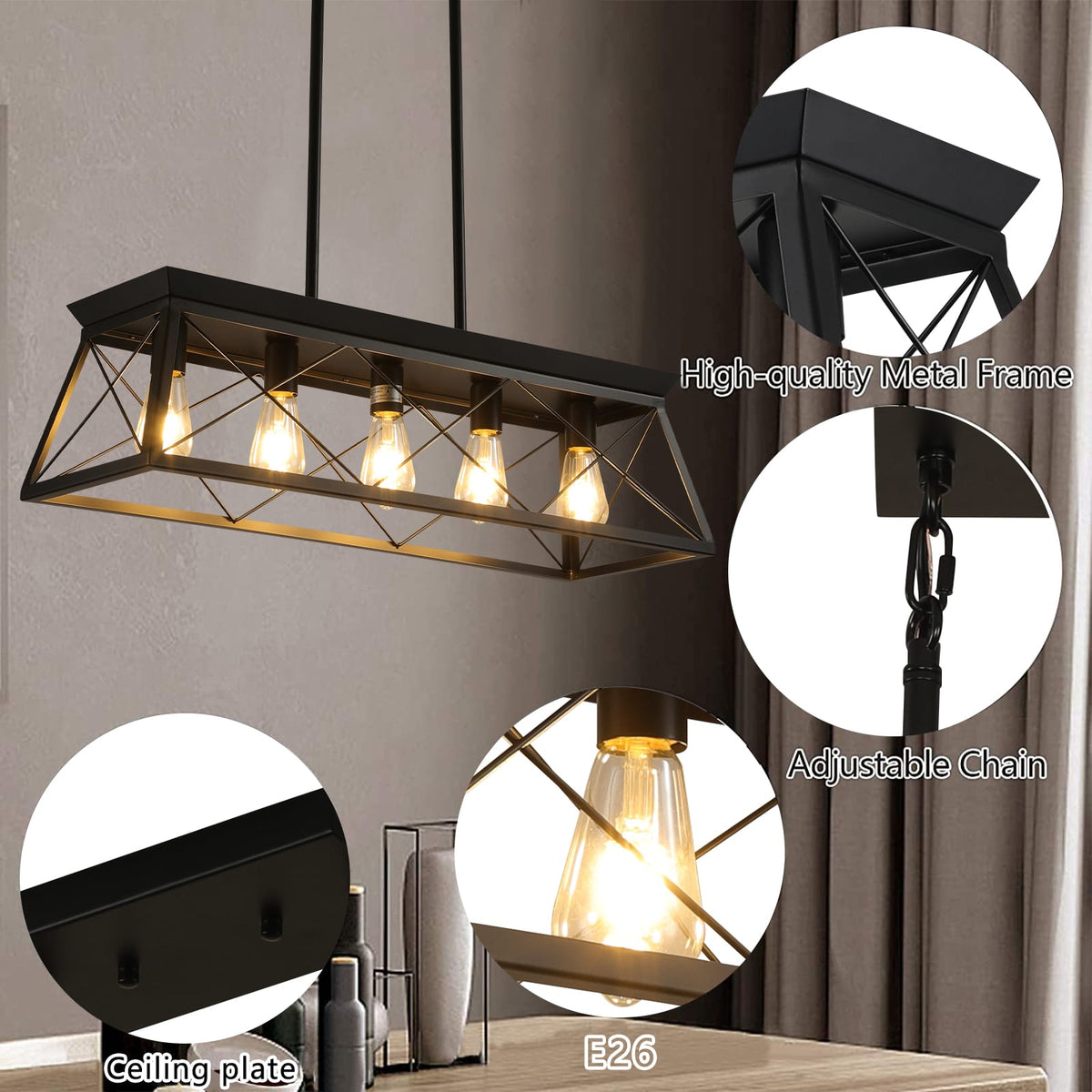 Black Industrial Pendant Chandelier - 5 Lights Adjustable