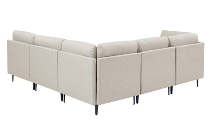 6 Seat Almond Linen Sectional Sofa with Black Metal Legs for Living Room
