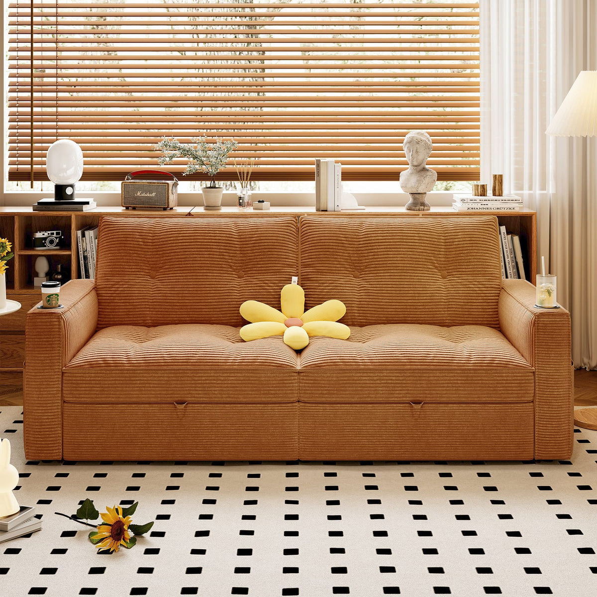Orange Corduroy Sofa Bed - 2-in-1 Convertible Sofa for Living Room
