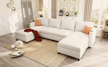 6 Seat Antique White Fabric Storage Sofa with Ottomans