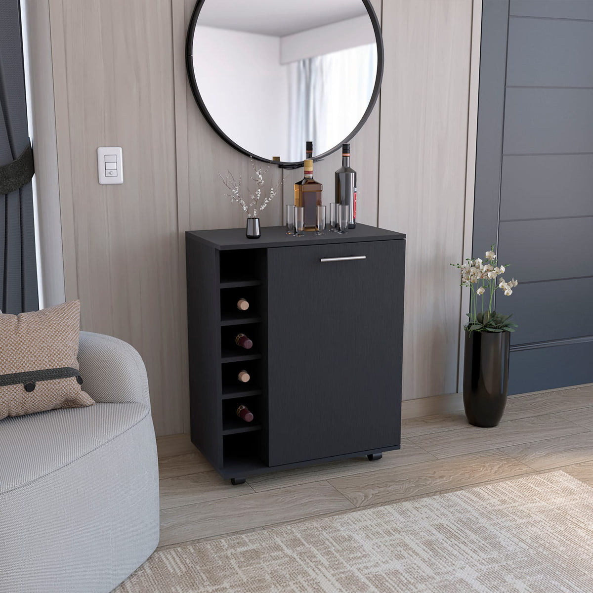 Black Modern Bar Cart with Wine Storage & Open Shelving