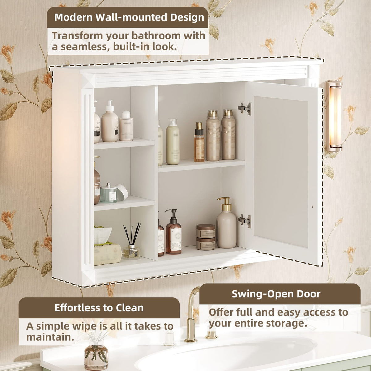 White Bathroom Storage Cabinet - 1 Door Mirror Cabinet