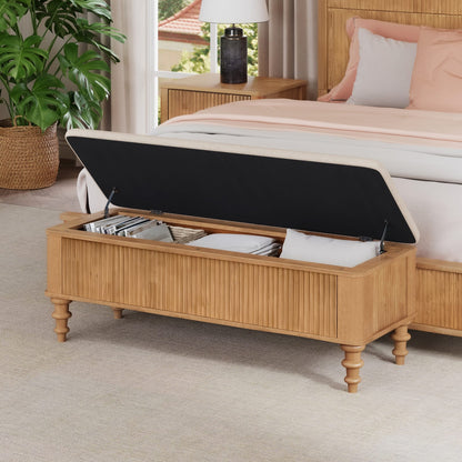 Rubberwood Storage Ottoman Bench - Natural Linen Seat for Living Room