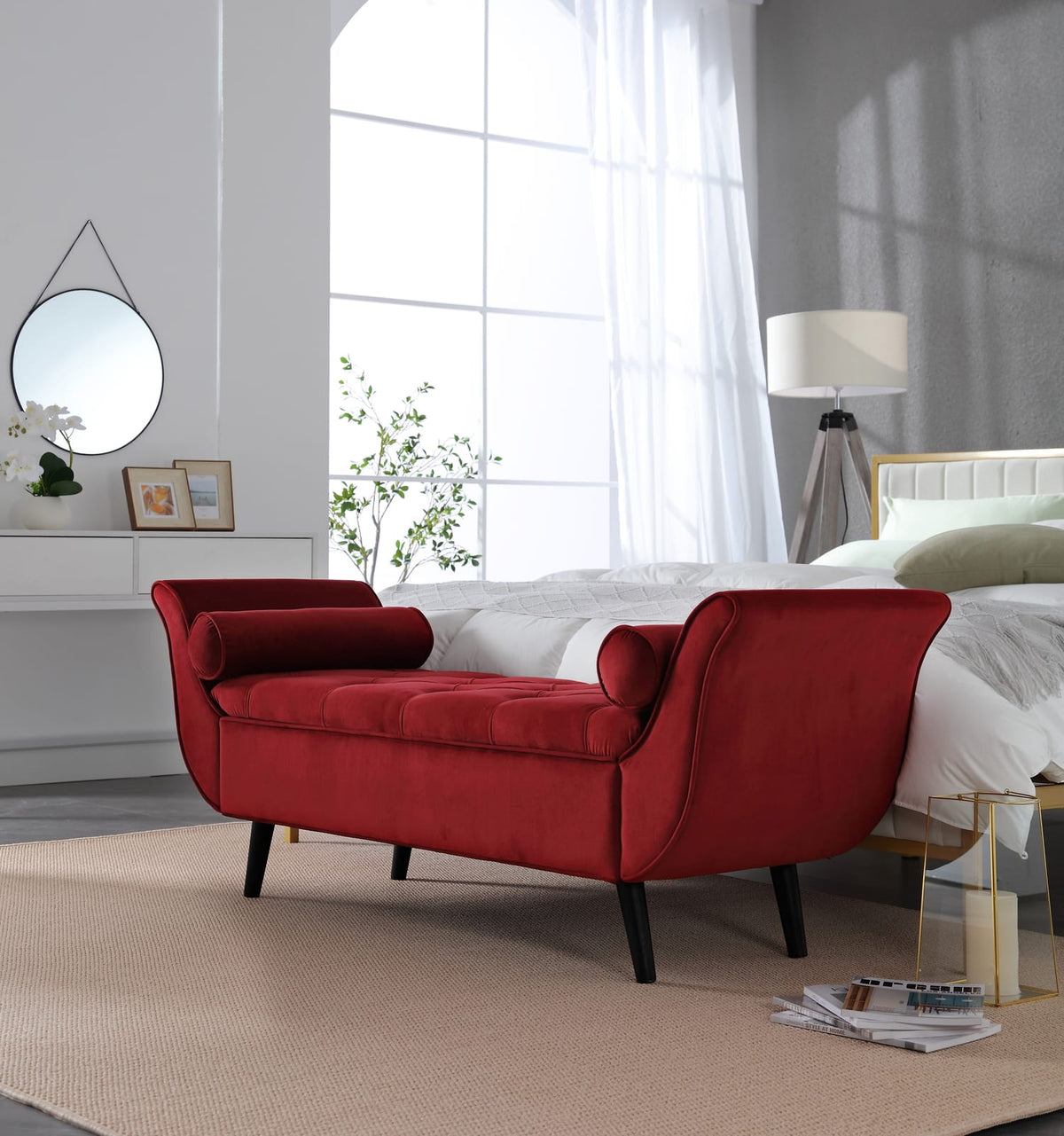 Red Velvet Storage Bench - 65 Inch Retro Hall Tree