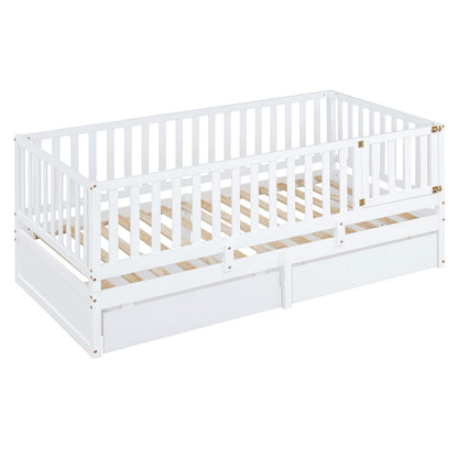 Twin Size Wood Daybed - White with Fence Guardrails & Drawers