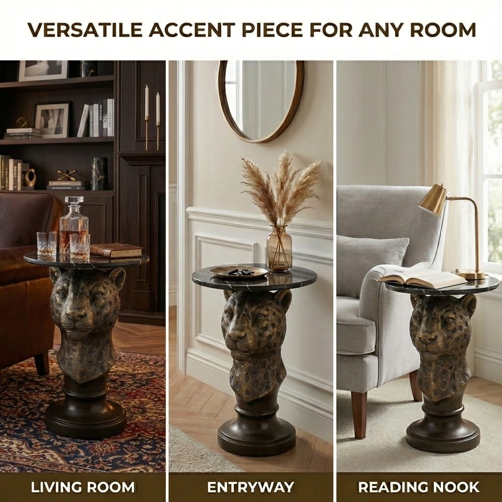 Antique Brown Resin Leopard Head Accent Table