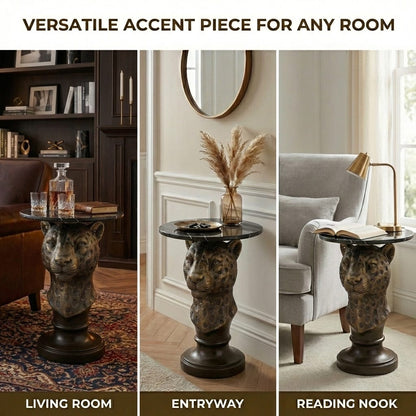 Antique Brown Resin Leopard Head Accent Table