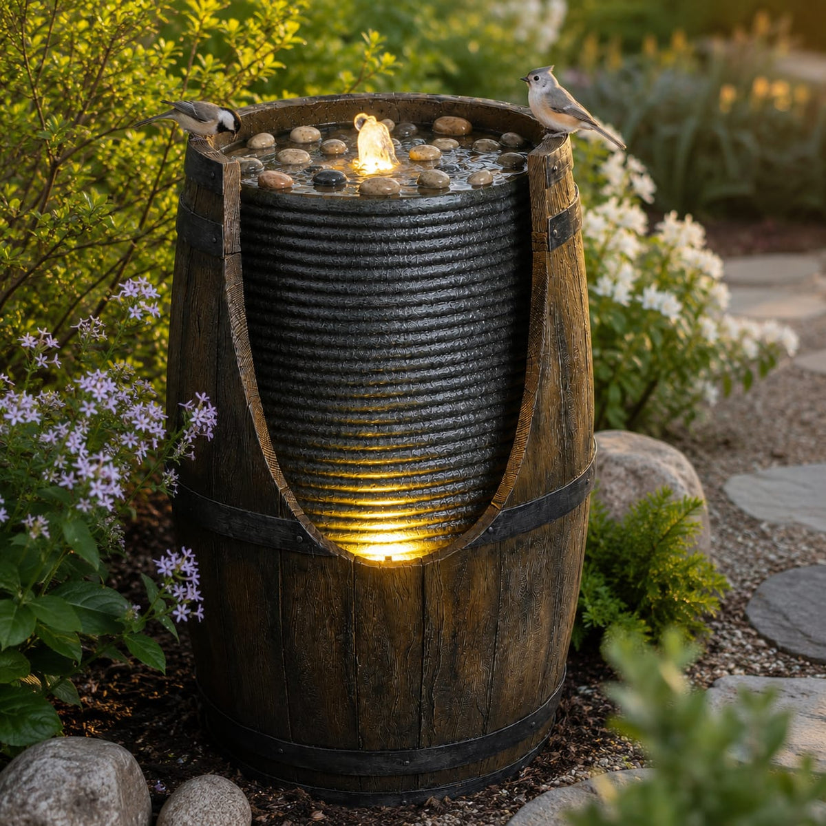 Grayish Green Resin Barrel Water Fountain Outdoor Patio Decor