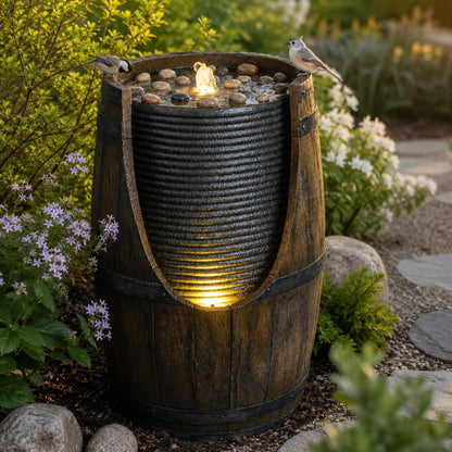 Grayish Green Resin Barrel Water Fountain Outdoor Patio Decor