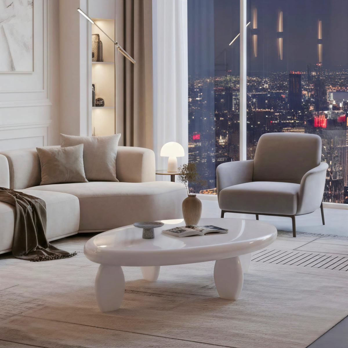 46" Modern White Coffee Table - High Gloss MDF for Living Room