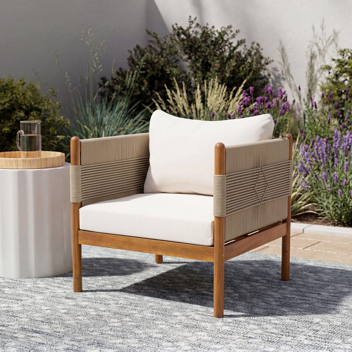 Beige Cream Teak Acacia Wood Club Chair with Cushions - Patio Seating