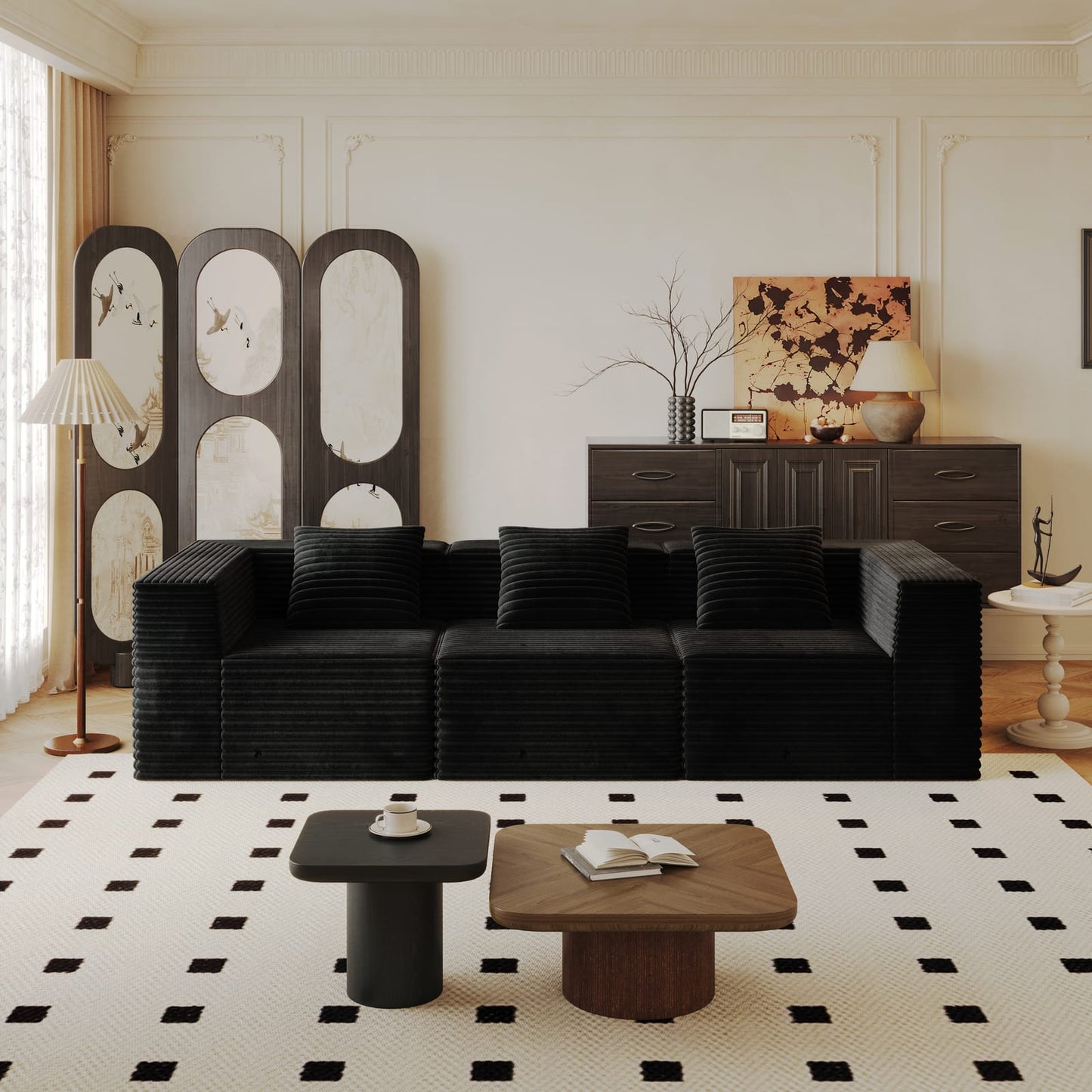 Black Corduroy Modular Sectional Sofa - 3 Seat for Living Room