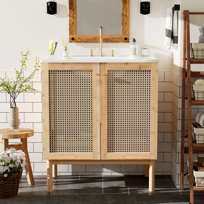 Wood & Rattan Bathroom Vanity - 30 Inch Storage
