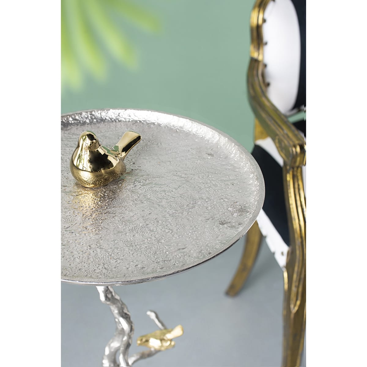 Elegant Gold & Silver Bird Side Table - 16.9" Round Aluminum