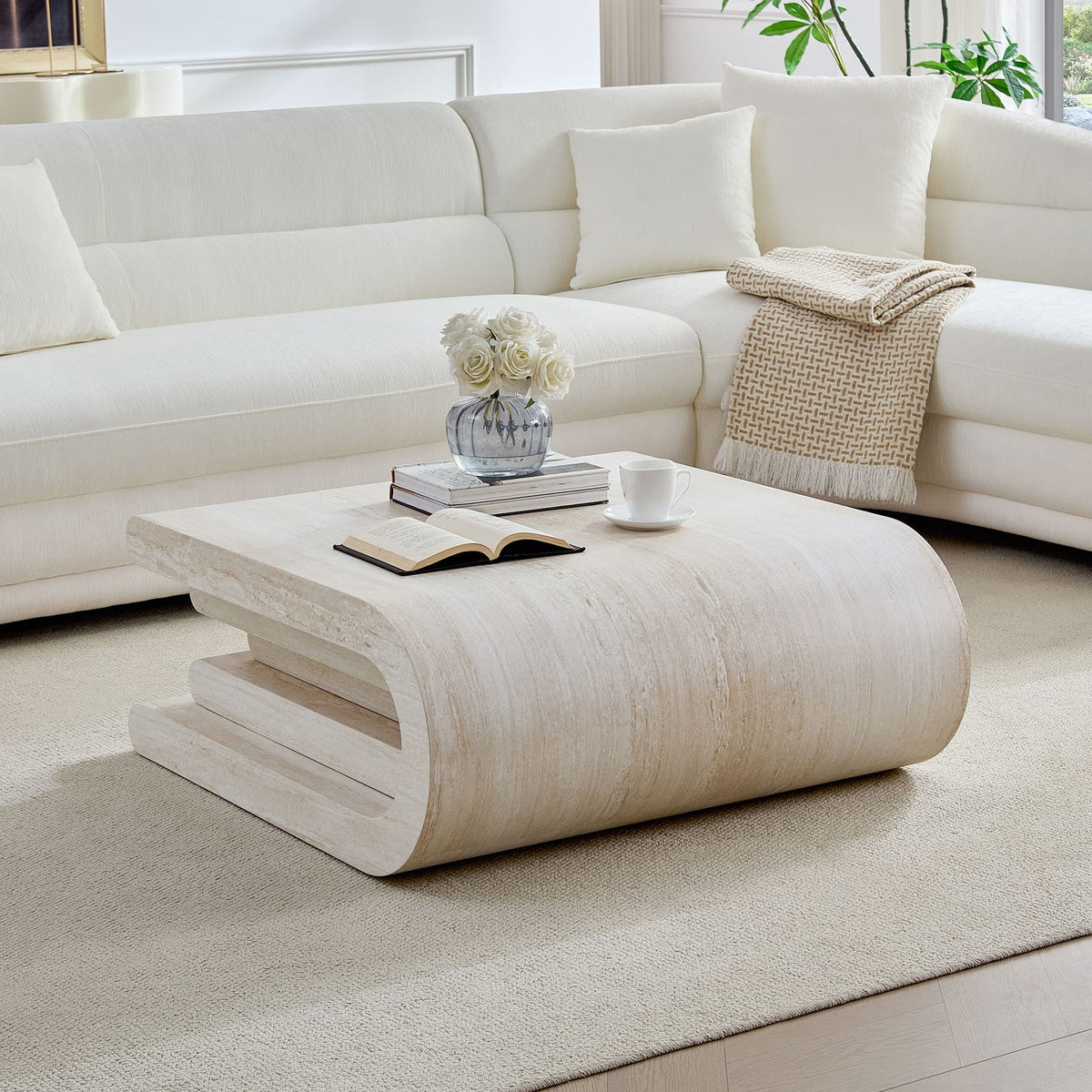 33.86 Inch Square Faux Travertine Coffee Table - Beige MDF