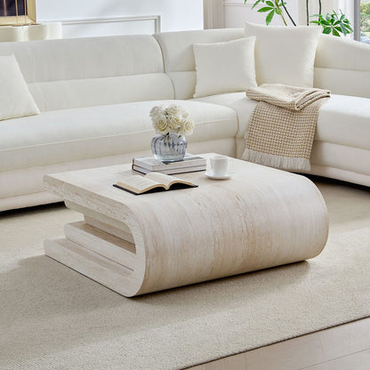 33.86 Inch Square Faux Travertine Coffee Table - Beige MDF