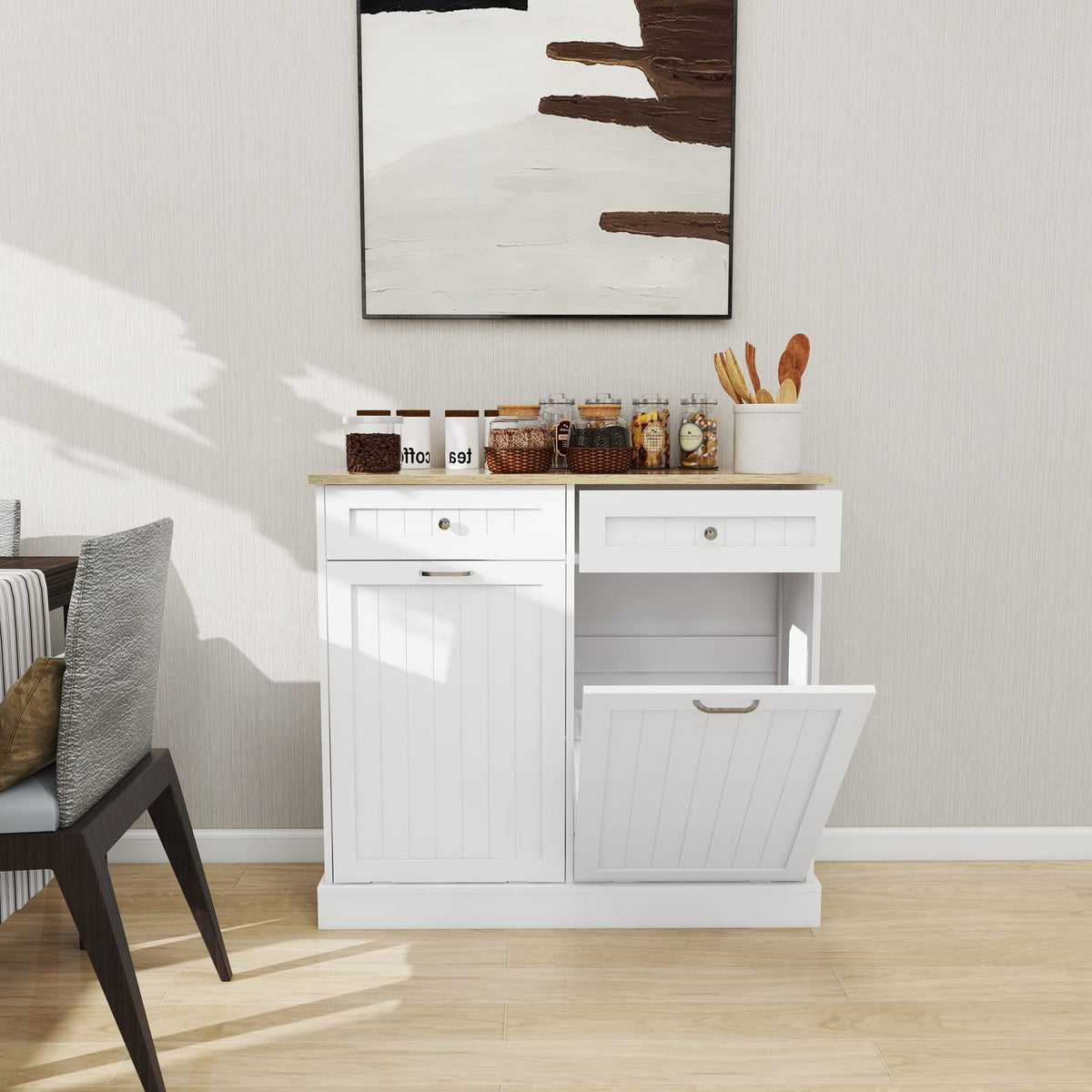 White MDF Trash Cabinet - 2 Drawers, Storage for 10 Gallon Cans