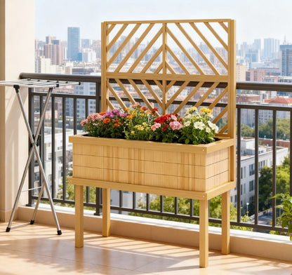 Natural Wood Raised Garden Bed with Trellis for Outdoor Gardening