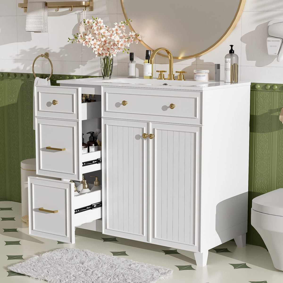 36 Inch White Bathroom Vanity with Ceramic Sink and Adjustable Storage