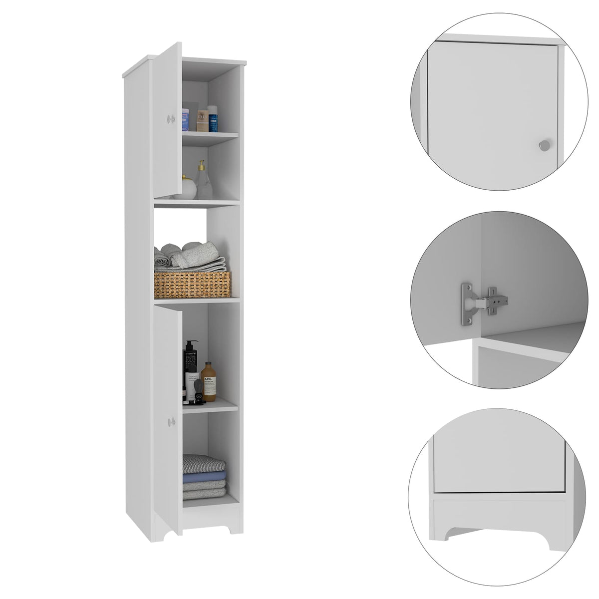 White 16" Linen Bedroom Cabinet with Shelves for Living Room