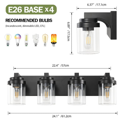 4 Light Black Bathroom Vanity Light - Iron & Glass