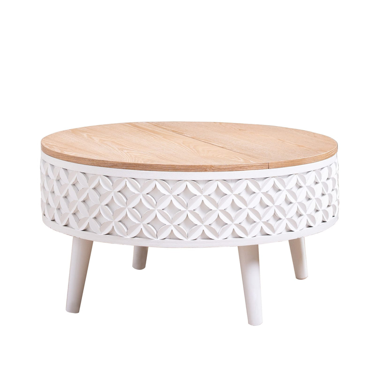 Round Lift-Top Coffee Table with Storage - White & Light Oak for Living Room