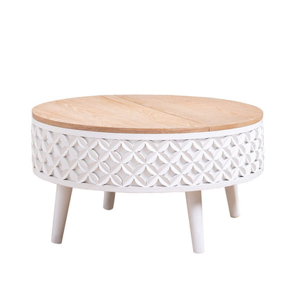 Round Lift-Top Coffee Table with Storage - White & Light Oak for Living Room