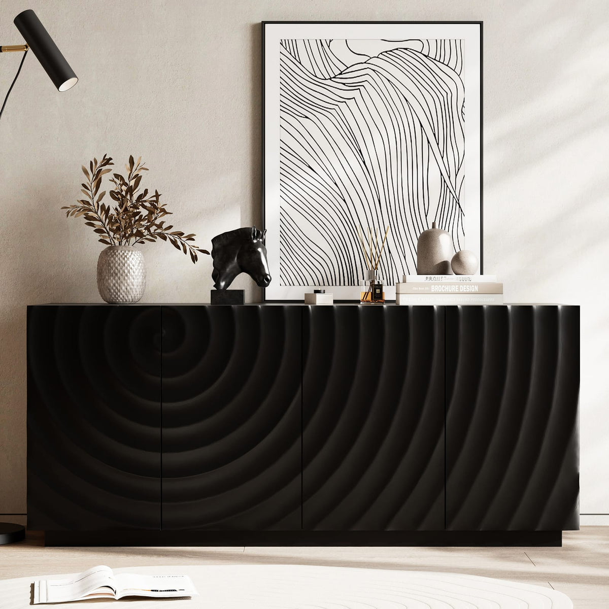 Black Buffet Cabinet - 59" Storage Sideboard for Dining Room