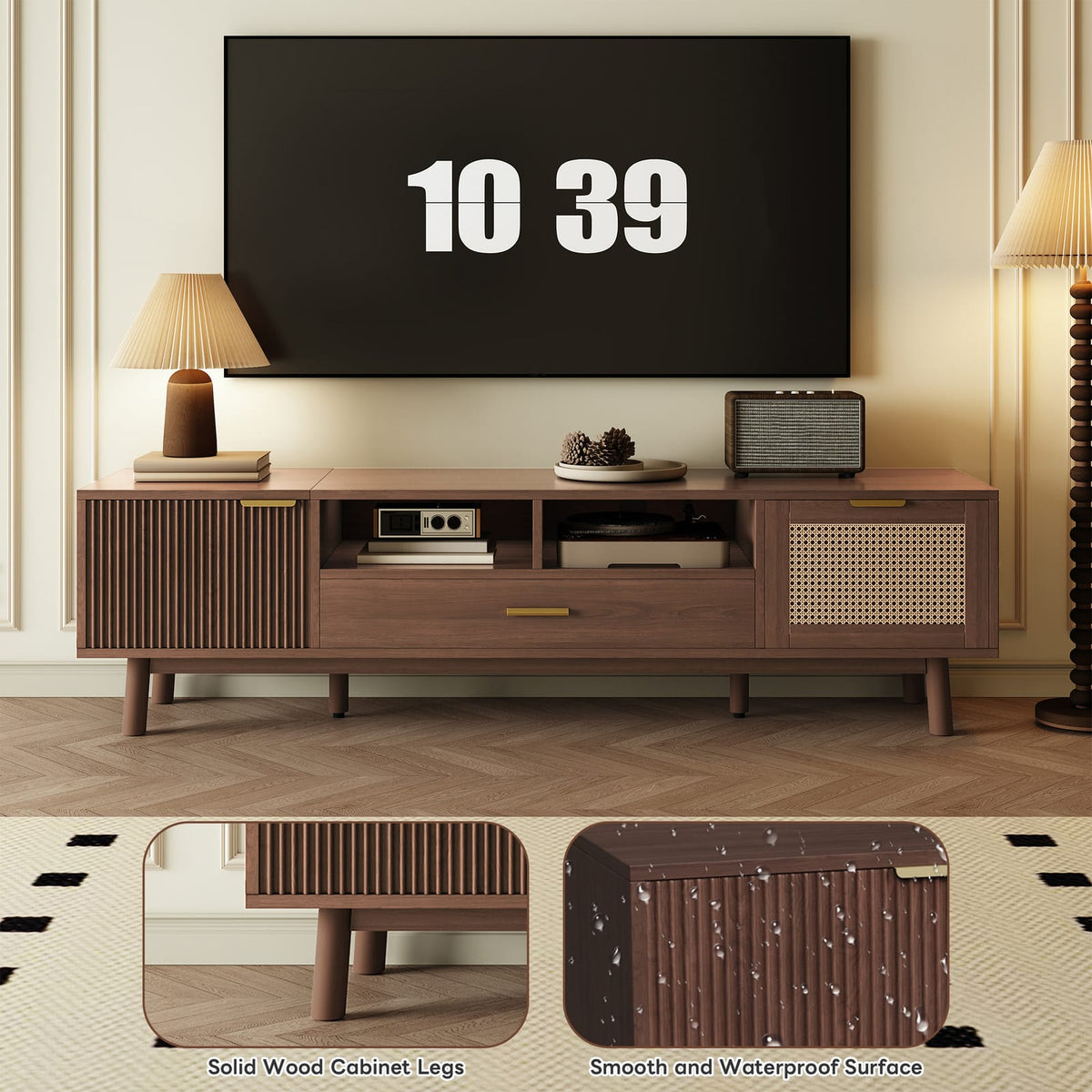 Dark Brown TV Stand with Storage - 75" TVs, Pine Wood
