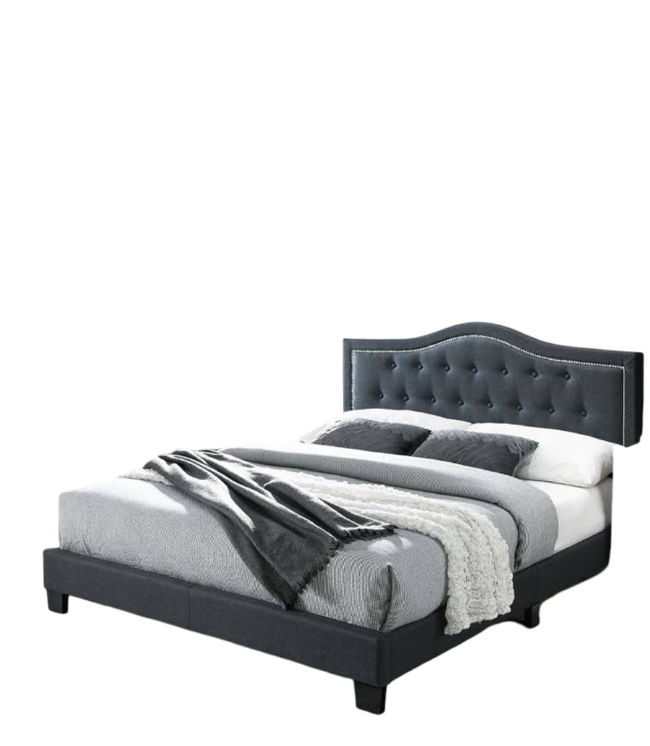 Queen Burlap Charcoal European Bed Frame with Tufted Headboard for Bedroom