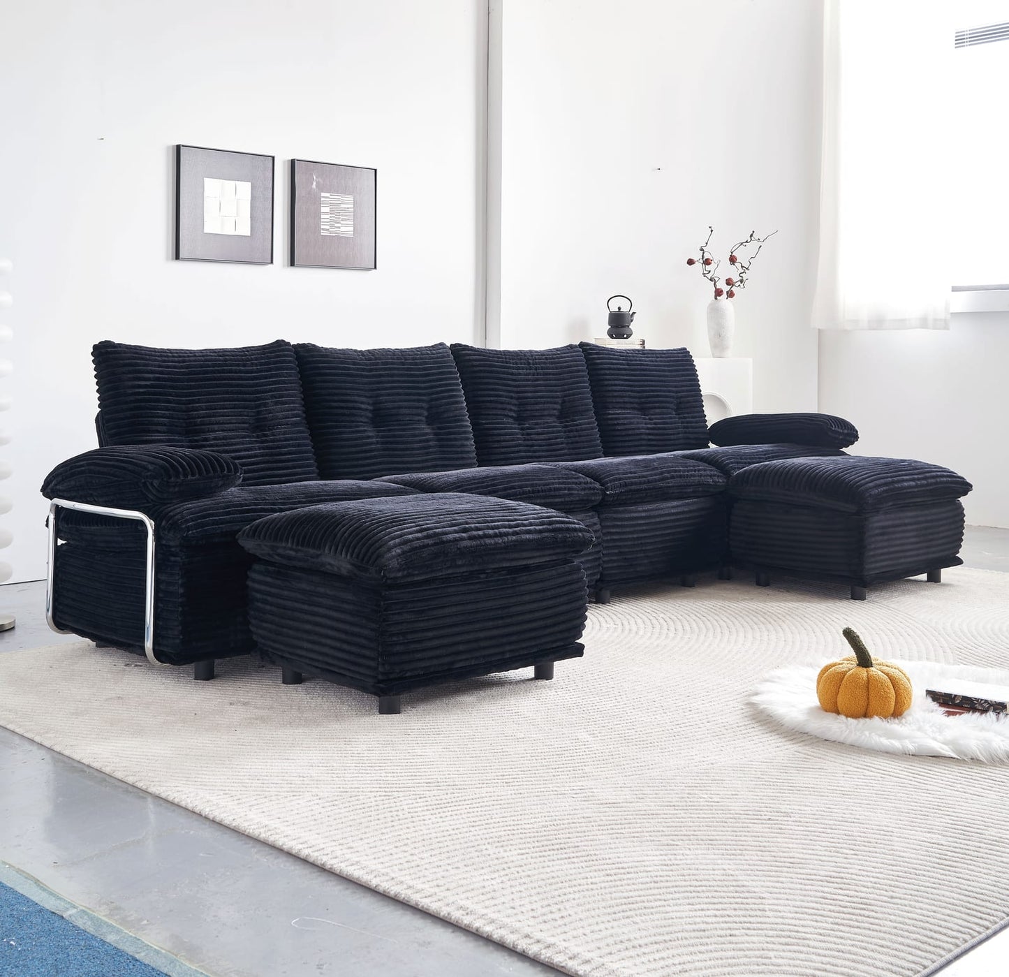 Black Corduroy Sectional Sofa - 4 Seat with Ottomans