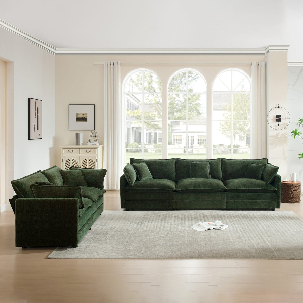 2-Piece Upholstered Sofa Set - Green Chenille, 1+3 Seater for Living Room