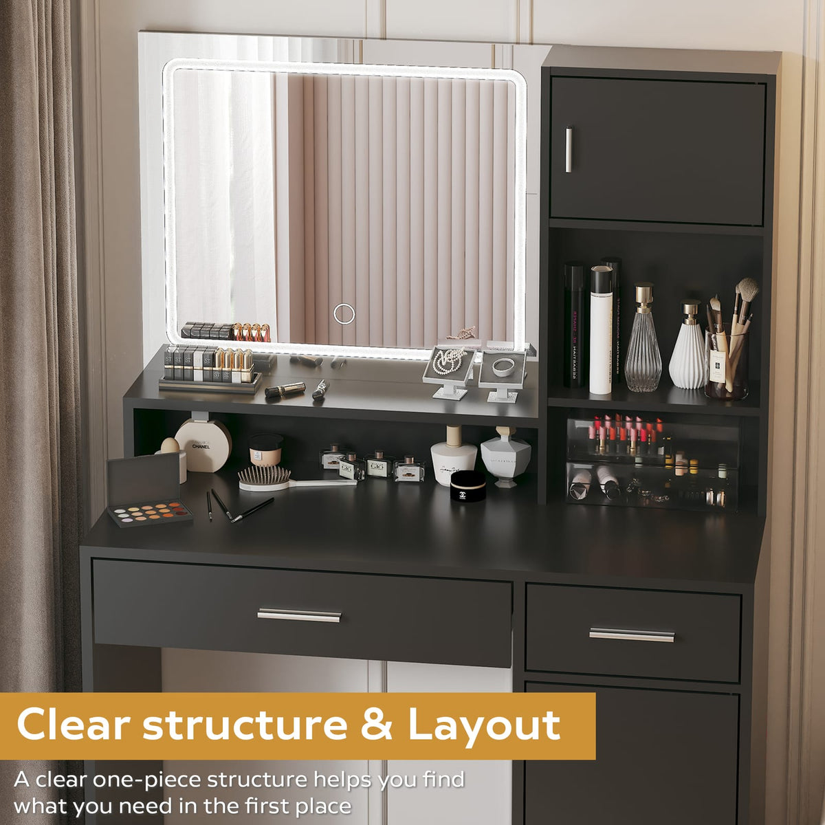 Black Makeup Vanity Table with Mirror & LED Light for Bedroom