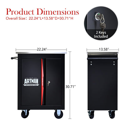 Black Red Steel Tool Cabinet Trolley - 4 Wheel Assembly Cart