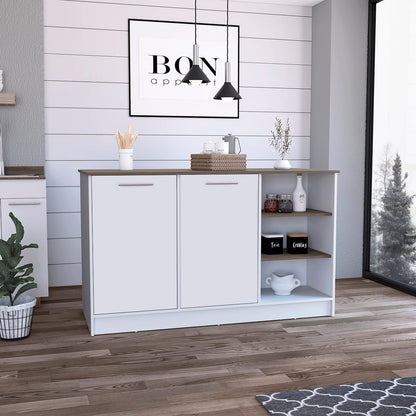 Kitchen Island 2 Cabinets, 3 Shelves - White/Dark Brown Engineered Wood