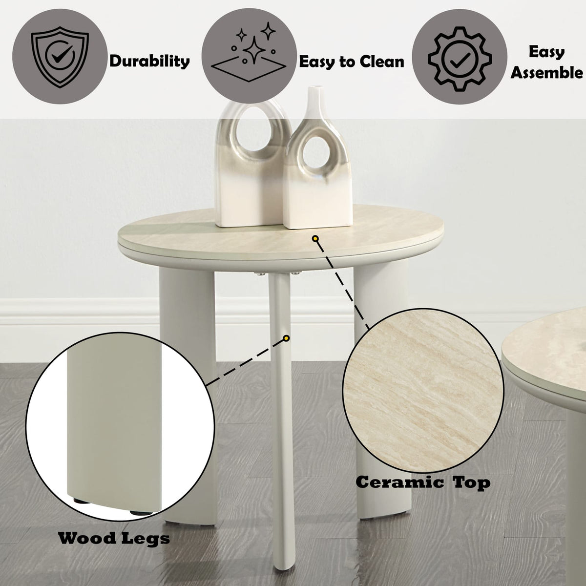 Light Gray Ceramic End Table - Modern Accent Table for Living Room