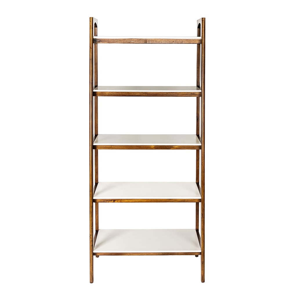 Off-White+Pecan 5-Shelf Bookcase - Mid-Century Style