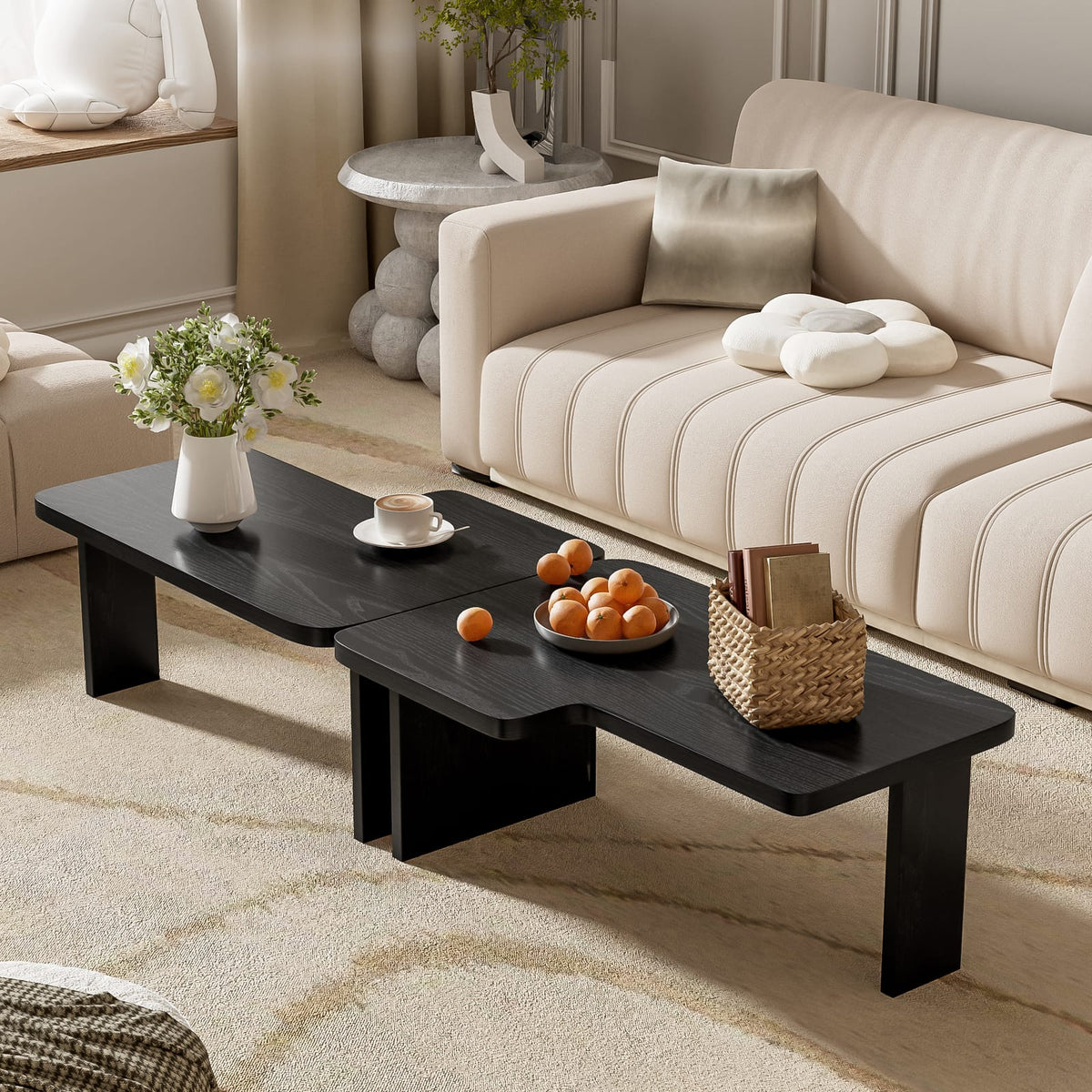 Black MDF Coffee Table - 2-Part Modular Design for Living Room