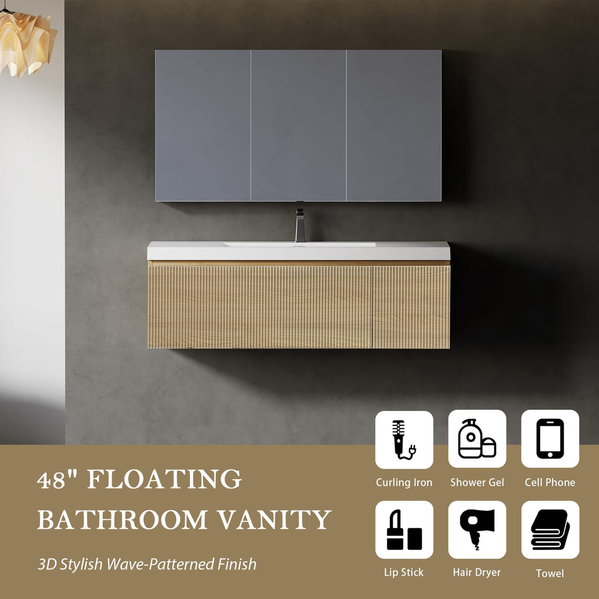 Oak Floating Bathroom Vanity with Sink - 47.2" Wall Mounted Storage