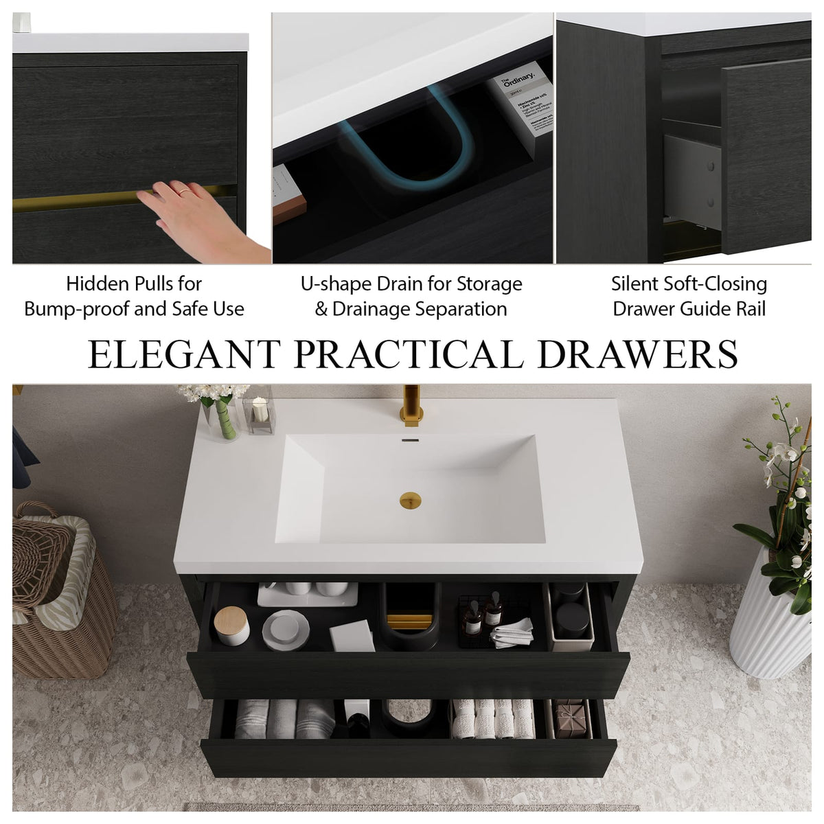 42" Espresso Wood Bathroom Vanity - Floating Storage Cabinet with Stone Resin Sink