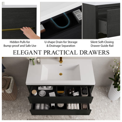 42" Espresso Wood Bathroom Vanity - Floating Storage Cabinet with Stone Resin Sink
