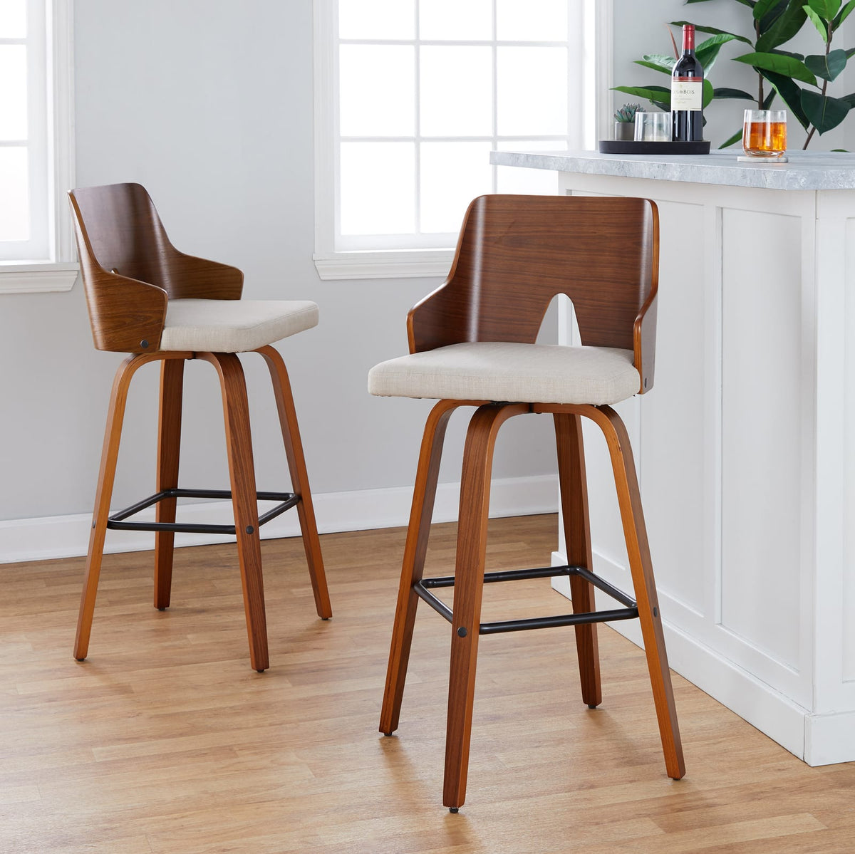 Beige Fabric Barstools with Swivel - Set of 2 for Dining Room