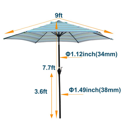 9 Foot Blue Striped Patio Umbrella - Metal Frame