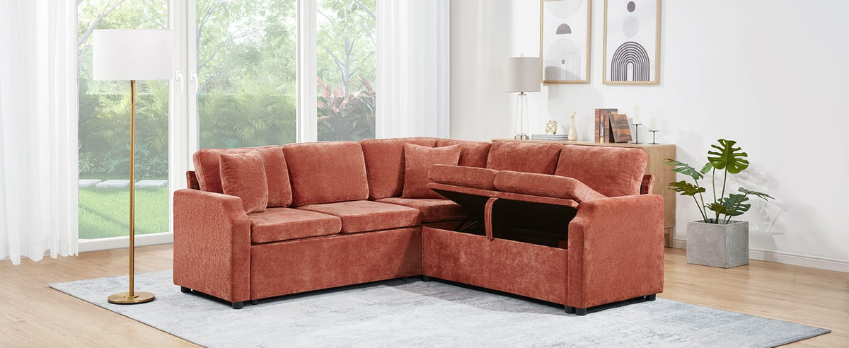L-Shaped Chenille Sectional Sofa Bed - Orange, 81.9" for Living Room