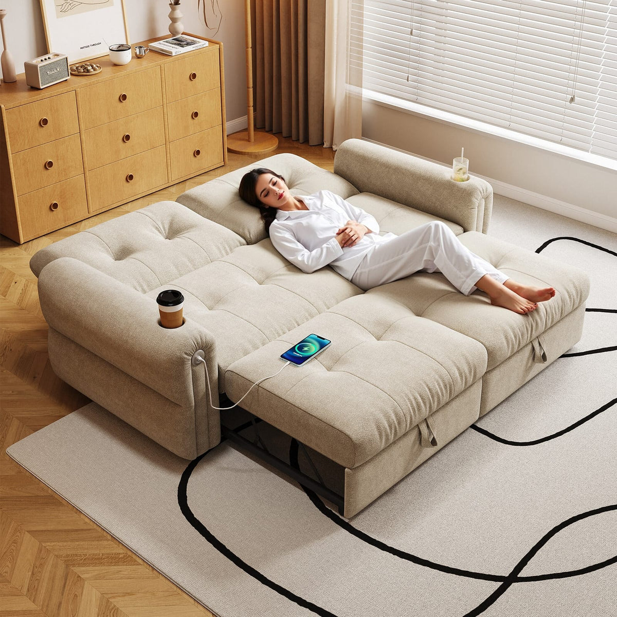 Beige Chenille Convertible Sofa Bed - 77" Multi-Functional Design for Living Room