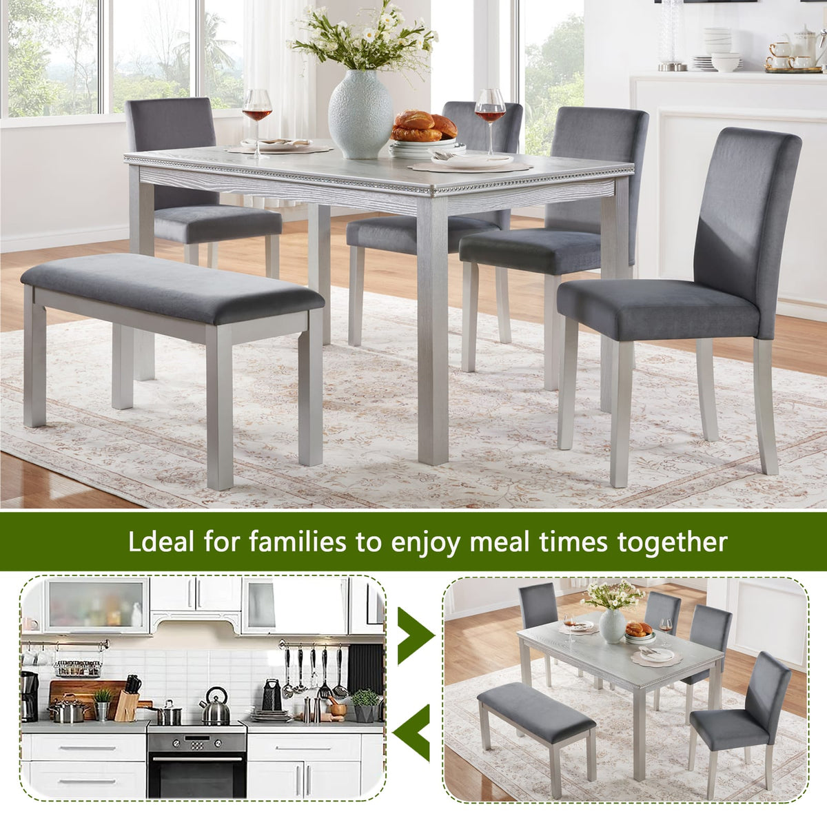 6-Piece Wooden Dining Table Set - Silver Grey, Seats 6